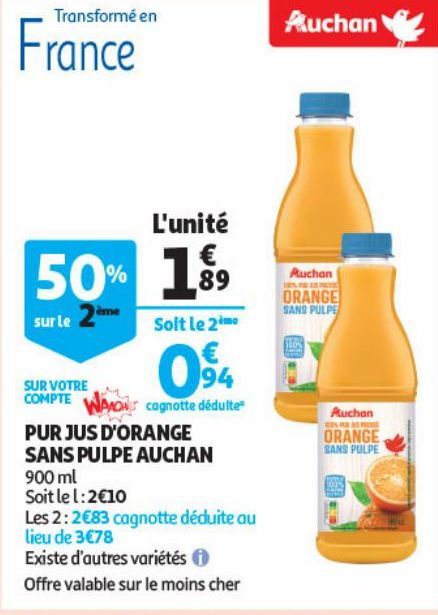 Pur jus d'orange sans pulpe Auchan