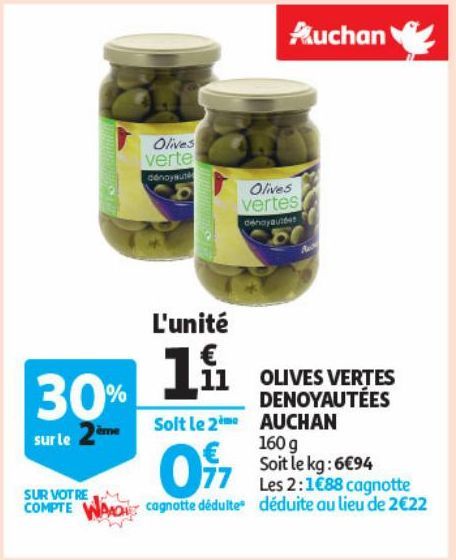 Olives vertes denoyautées Auchan