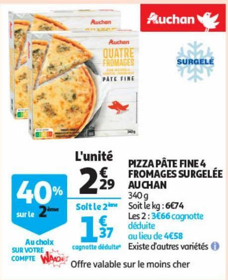 Pizza pâte fine 4 fromages surgelée Auchan