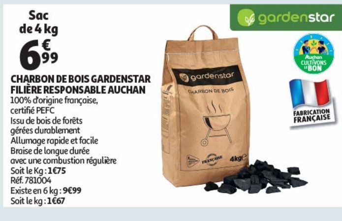 CHARBON DE BOIS GARDENSTAR FILÈRE RESPONSABLE AUCHAN