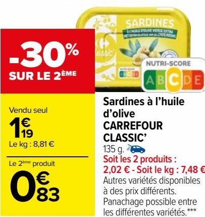 Sardine à huile d'olive CARREFOUR CLASSIC 