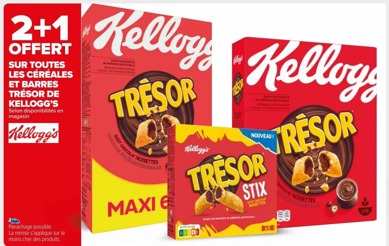 sur toutes les cèrèales et barres trésor de kellogg's