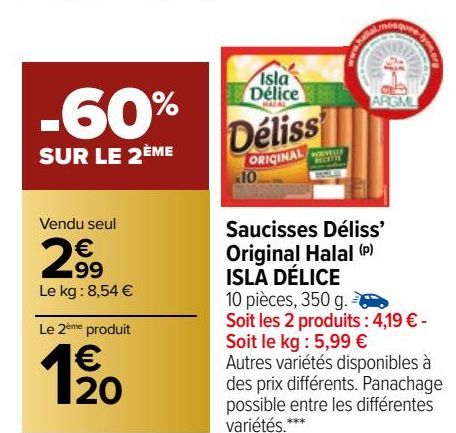 Saucisses Déliss' Original Halal ISLA DELICE 
