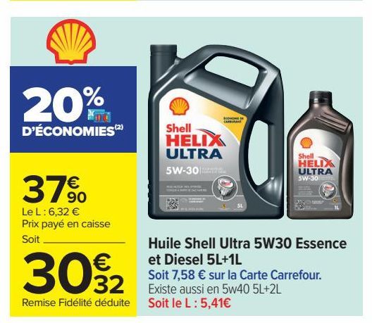 Huile Shell Ultra 5W30 Essence et Diesel 5L+1L