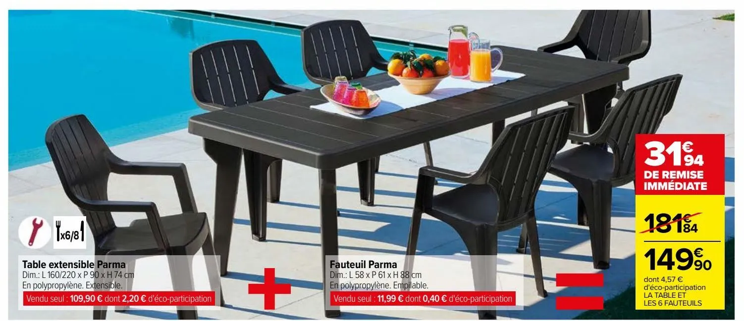 table extensible parma +  fauteuil parma