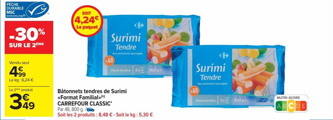 Bâtonnets tendres de Surimi <Format Familial> CARREFOUR CLASSIC