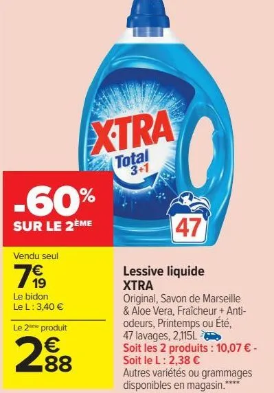 Lessive Liquide Total X-TRA : les 3 bidons de 3L à Prix Carrefour