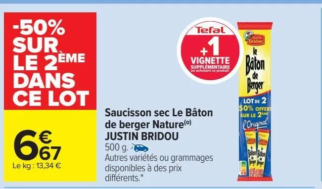 saucisson sec le bâton de berger nature justin bridou