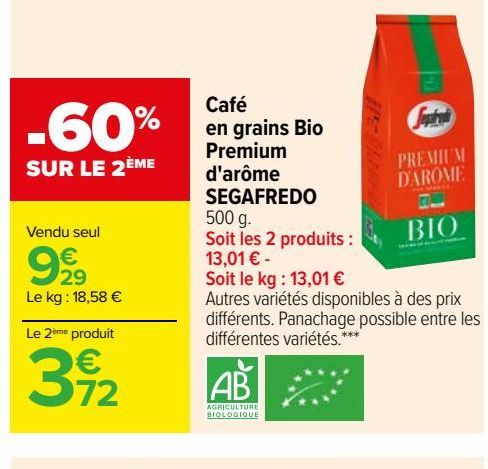 Café en grains Bio Premium d'arome SEGAFREDO 