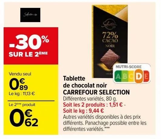 tablette de chocolat noir carrefour selection 