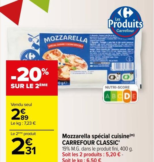 Mozzarella spécial cuisine CARREFOUR CLASSIC 