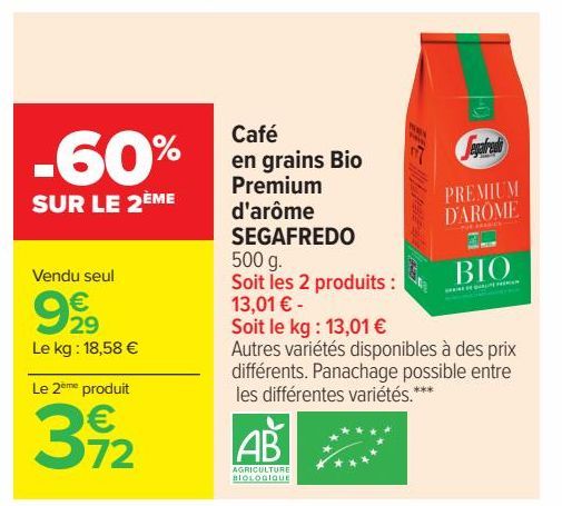 Café en grains Bio Premium d'arome SEGAFREDO