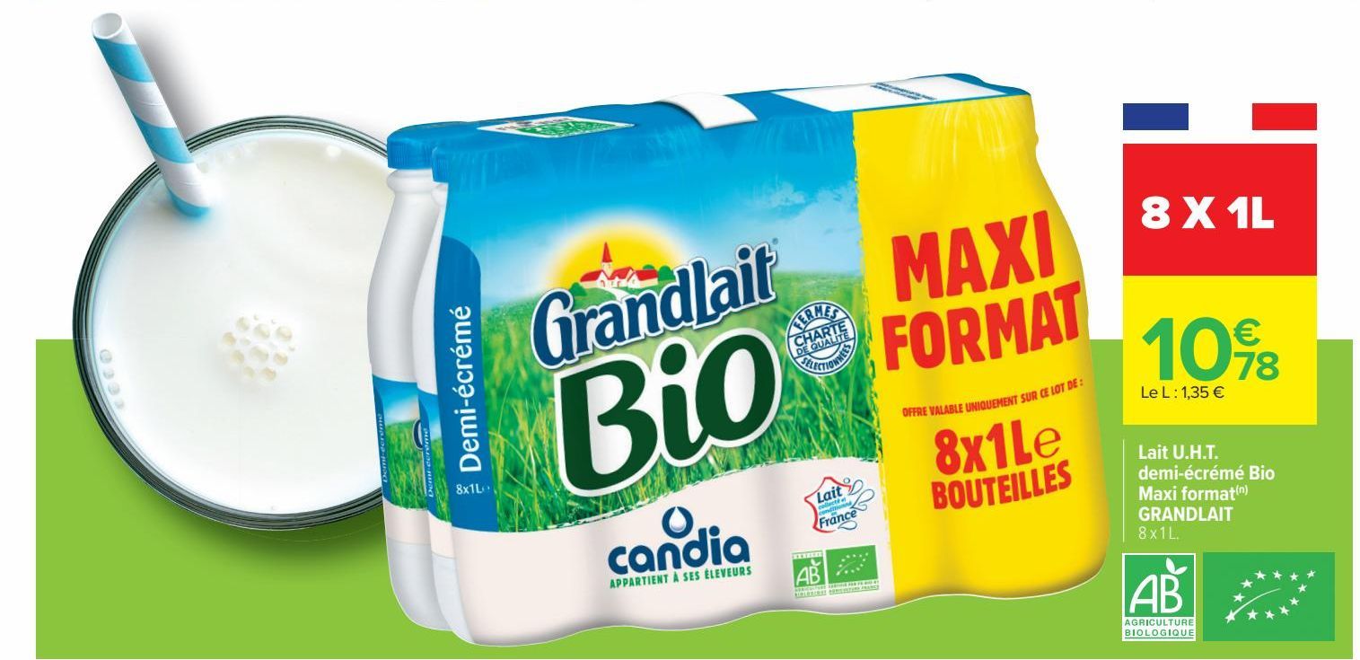 Lait U.H.T demi-écrémé Bio Maxi format GRANDLAIT 