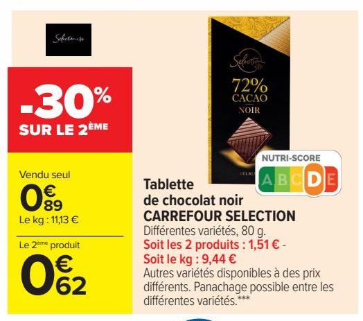 Tablette de chocolat noir CARREFFOUR SELECTION