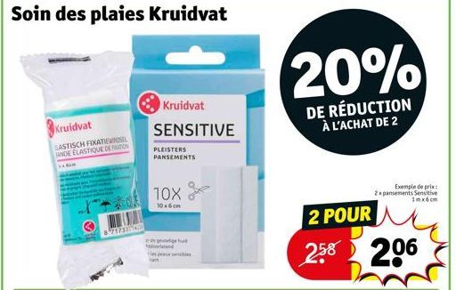 Kruidvat  BASTISCH FIXATIEMINOSEL INDE ELASTIQUE DEFINITION  8-717334  Kruidvat  SENSITIVE  PLEISTERS PANSEMENTS  10x  10x6 cm  de  and  20%  DE RÉDUCTION À L'ACHAT DE 2  2 POUR  258 206  Exemple de p