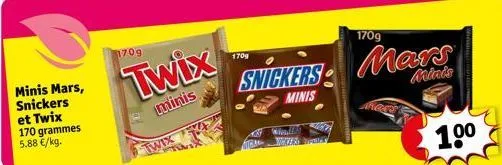 minis mars, snickers et twix 170 grammes 5.88 €/kg.  170g  twix  minis  twix  170g  snickers mars  minis  minis  170g  10⁰  