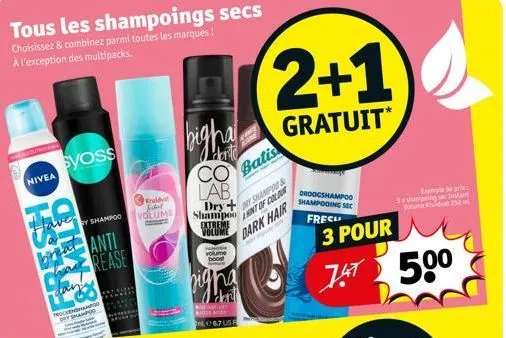 tous les shampoings secs  choisissez & combinez parmi toutes les marques ! à l'exception des multipacks.  nivea  hs:  syoss  ry shampoo  anti crease  lan  trockenshampoo dey shampoo  kruidvat jal volu