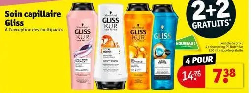 soin capillaire gliss  à l'exception des multipacks. gliss  kur  sch  gliss kur  total repair  gliss kur gliss  nutritive  2+2  gratuits  nouveau!  4 pour  1476 738  exemple de prix: 4x shampoing oil 