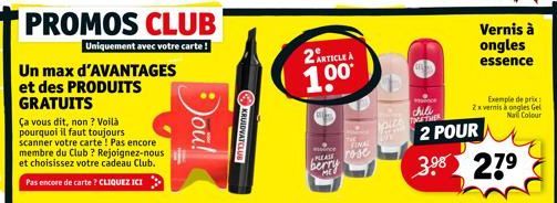 Un max d'AVANTAGES et des PRODUITS GRATUITS  PROMOS CLUB  Uniquement avec votre carte!  ou!  KRUIDVATCLUB  2 ARTICLE A  1,00**  PLEASE  berry  VINAL rose  chili  OLCE METHER  Vernis à ongles essence  