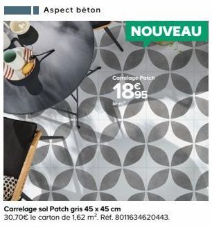 Aspect béton  NOUVEAU  Carrelage Patch  1895  le m²  Carrelage sol Patch gris 45 x 45 cm  30.70€ le carton de 1,62 m². Réf. 8011634620443. 