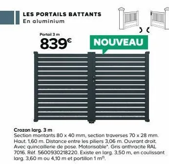 les portails battants  en aluminium  portail 3 m  839€  crozon larg. 3 m  section montants 80 x 40 mm, section traverses 70 x 28 mm. haut. 1,60 m. distance entre les piliers 3,06 m. ouvrant droit. ave