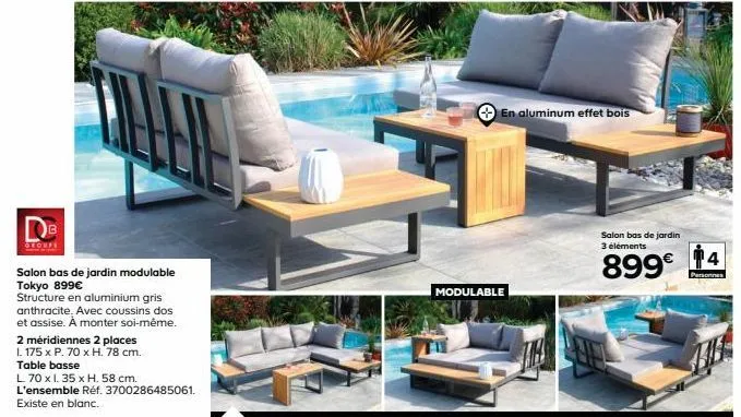 salon bas de jardin modulable tokyo 899€  structure en aluminium gris anthracite. avec coussins dos et assise. à monter soi-même.  2 méridiennes 2 places  l 175 x p. 70 x h. 78 cm. table basse  l 70 x