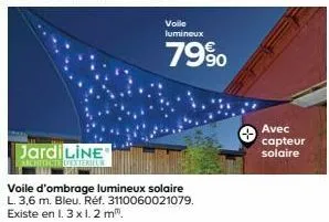 jardi line architects dexterit  voile lumineux  79%  voile d'ombrage lumineux solaire l. 3,6 m. bleu. réf. 3110060021079. existe en l. 3 x 1.2m".  avec capteur solaire 