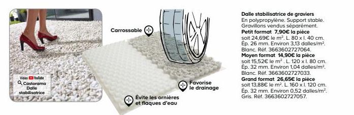 VideoVolabe a Castorama Dalle stabilisatrice  Carrossable  Évite les ornières et flaques d'eau  Favorise le drainage  Dalle stabilisatrice de graviers En polypropylène. Support stable. Gravillons vend