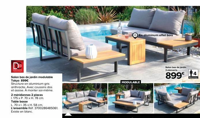 Salon bas de jardin modulable Tokyo 899€  Structure en aluminium gris anthracite. Avec coussins dos et assise. À monter soi-même.  2 méridiennes 2 places  L 175 x P. 70 x H. 78 cm. Table basse  L 70 x