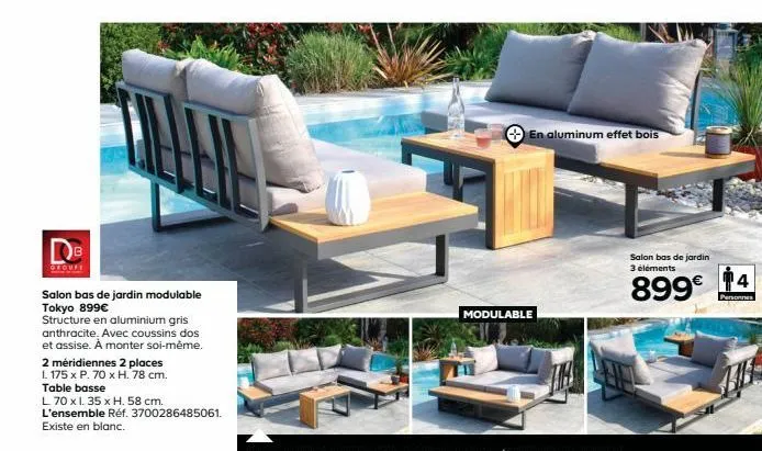 salon bas de jardin modulable tokyo 899€  structure en aluminium gris anthracite. avec coussins dos et assise. à monter soi-même.  2 méridiennes 2 places  l 175 x p. 70 x h. 78 cm. table basse  l 70 x