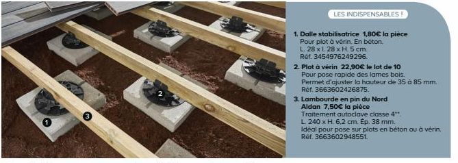 m  LES INDISPENSABLES!  1. Dalle stabilisatrice 1,80€ la pièce  Pour plot à vérin. En béton.  L. 28 x L 28 x H. 5 cm.  Réf. 3454976249296.  3. Lambourde en pin du Nord  Aldan 7,50€ la pièce  2. Plot à