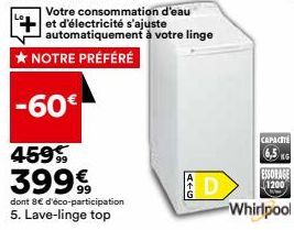 *NOTRE PRÉFÉRÉ  -60€  459  399 €  dont 8€ d'éco-participation  5. Lave-linge top  Votre consommation d'eau et d'électricité s'ajuste automatiquement à votre linge  ATG  D  CAPACITÉ  6,5 KG  ESSORAGE 1