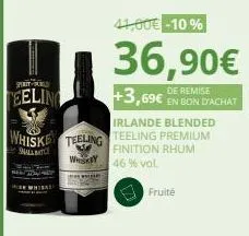 spirit  eeling  irlande blended  whiske teeling teeling premium  shallmtc  finition rhum  whiskey  46 % vol.  41,00€ -10%  36,90€  de remise  +3,69€ en bon d'achat  fruité 