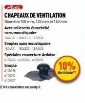 simples sans moustiquaire 1824321-1824323-1824325  spéciales couverture ardoise 6105253-6105254-6105255  vicoll  chapeaux de ventilation  diamètre 100 mm, 125 mm et 160 mm avec collerette étanchéité s