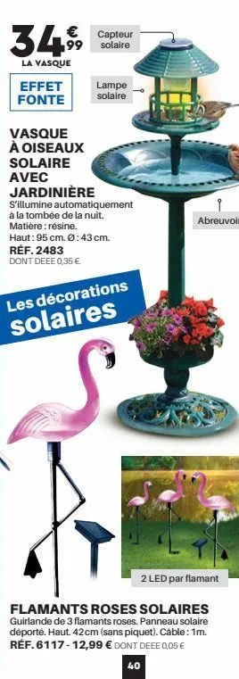 € capteur solaire  3499  la vasque  effet  fonte  vasque à oiseaux  solaire  avec  lampe solaire  jardinière  s'illumine automatiquement  à la tombée de la nuit.  matière: résine.  haut: 95 cm. ø: 43 