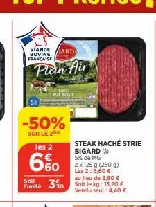 viande bovine francaise  gardi  plan air  1001  poe soup  -50%  sur le 2  les 2  660  au de € punité 350 soit le kg: 13,20 €  soit  vendu seul : 4,40 €  steak haché strie bigard (a) 5% de mg  2 x 125 