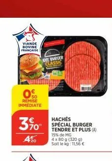 viande bovine française  0%  remise immediate  3 % 0  420  idee burger classic  hachés spécial burger tendre et plus (a) 15% de mg  4 x 80 g (320 g) soit le kg: 11,56 €  