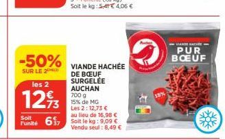 -50%  SUR LE 2  les 2  1293  73  au lieu de  Soit  Funité 67 Soit le kg: 9,09 €  Vendu seul: 8,49 €  VIANDE HACHÉE  DE BŒUF SURGELÉE AUCHAN 700 g 15% de MG  Les 2:12,73 €  VIANDE  PUR BOEUF 