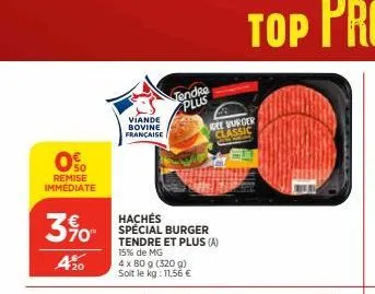 0%  remise immediate  30°  a20  viande bovine française  tendre plus  hachés spécial burger tendre et plus (a) 15% de mg  4 x 80 g (320 g) soit le kg: 11,56 €  idee burger classic  