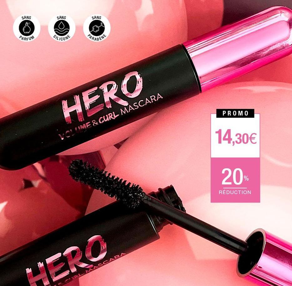 SANS  A  PARFUM  SANS  SILICONE  SANS  PARABENE  HERO  VOLUME & CURL MASCARA  HERO  CARL MASCARA  PROMO  14,30€  20%  RÉDUCTION  