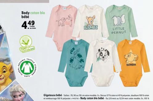 Promo GLOBAL Body coton bio bebe 4.49 100 2015.0 COTON BIO ORGANIC TEXTILE GOTS STANDARD NO BAMBI LITTLE PEANUT SIMBA Lidl