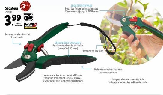 Sécateur  n°373763  99  L'uni au choix  3  Fermeture de sécurité à une main  VPA  LAFLON 205T  B  SÉCATEUR À ENCLUME Egalement dans le bois dur (jusqu'à 10 mm)  Lames en acier au carbone affûtées pour