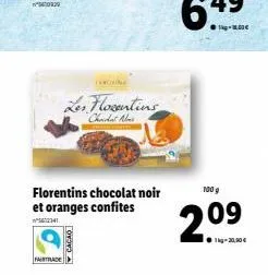 fairtrade  florentins chocolat noir et oranges confites  ²5612141  les florentins chordat alas  cacao  reworfe  100g  2.0⁹  09 