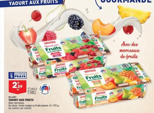 AU RAYON  FRAIS  229  1kg  Pre  THEY WER  ELABORE EN  FRANCE  MILSANI  YAOURT AUX FRUITS  OMICSAND You are  Fruits  Fruil  AVD  SHILGAND Fruits  Avec morceaux.  Au choix : fruits rouges ou fruits jaun