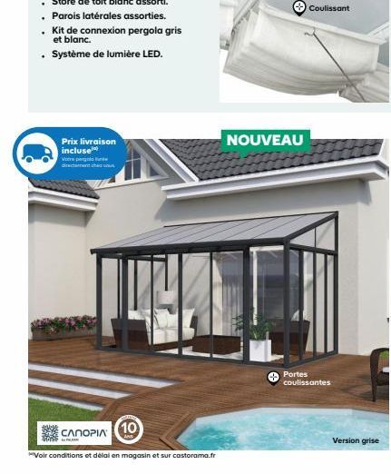 Parois latérales assorties. Kit de connexion pergola gris et blanc.  Système de lumière LED.  Prix livraison incluse Votre pergold directement chez vous  CANOPIA  A  10  ***Voir conditions et délai en