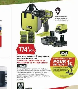 ryobi  ans  174%9  perceuse visseuse à percussion 18 v-rpd18 2c525a.48  un coffret empilable de 48 accessoires de vissage offert  ryobi  oned  ryob  les  batterie compatible ettrocompatible avec toute