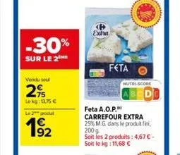 -30%  sur le 2 me  vendu sou  29  lekg: 13.75 €  le 2 produt  exha  feta  nutri-score  feta a.o.p.  carrefour extra 25% m.g dans le produit fini, 200 g  soit les 2 produits: 4,67 € - soit le kg: 11,68