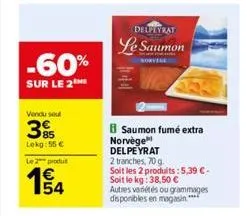 -60%  sur le 2  vendu seul  3%  lekg:55 €  le 2 produ  €  delphyrat  le saumon  norvege  b saumon fumé extra norvège delpeyrat  2 tranches, 70 g  soit les 2 produits: 5,39 €-soit le kg: 38,50 €  autre