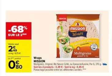 -68%  sur le 2  vendu seul  299  lekg: 6,73 €  le 2 produ  0%  080  niveas  wraps mission multigrains, original blé nature grillé, ou soit les 2 produits :3,29 €-soit le kg: 4,45 € panachage possible 