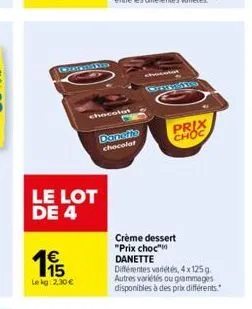 counnino  15  lekg: 2,30 €  le lot de 4  chocolat  danette chocolat  chotation  prix choc  crème dessert "prix choc"  danette  différentes variétés, 4 x 125g autres variétés ou grammages disponibles à